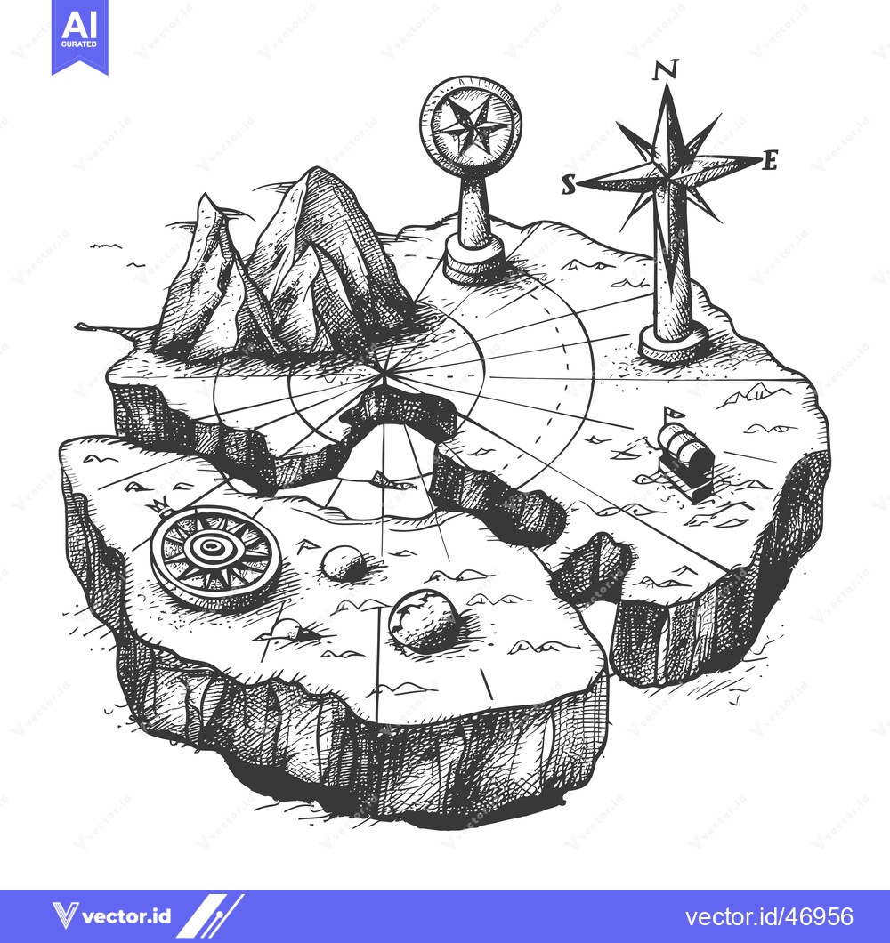 Premium Vector dari Hand-drawn Sketch of a Pirate Treasure Map with Compass and Mountains