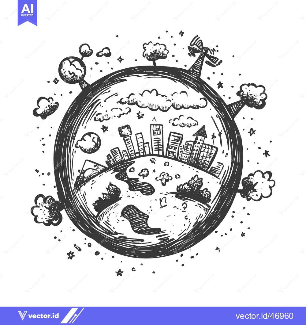 Premium Vector dari Hand-drawn sketch of a planet with a city, clouds, trees, and stars