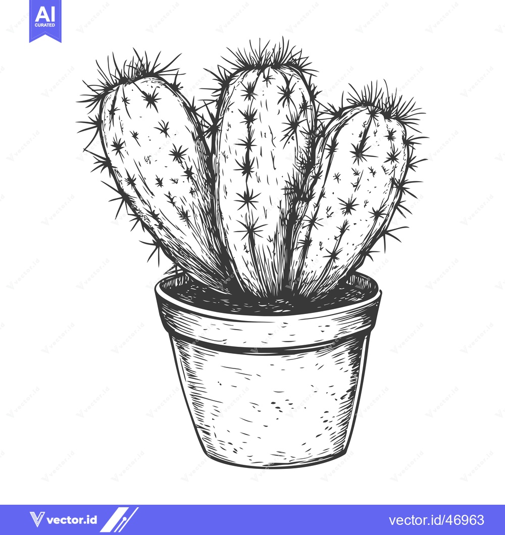 Premium Vector dari Hand-Drawn Sketch of a Potted Cactus with Three Spiky Segments