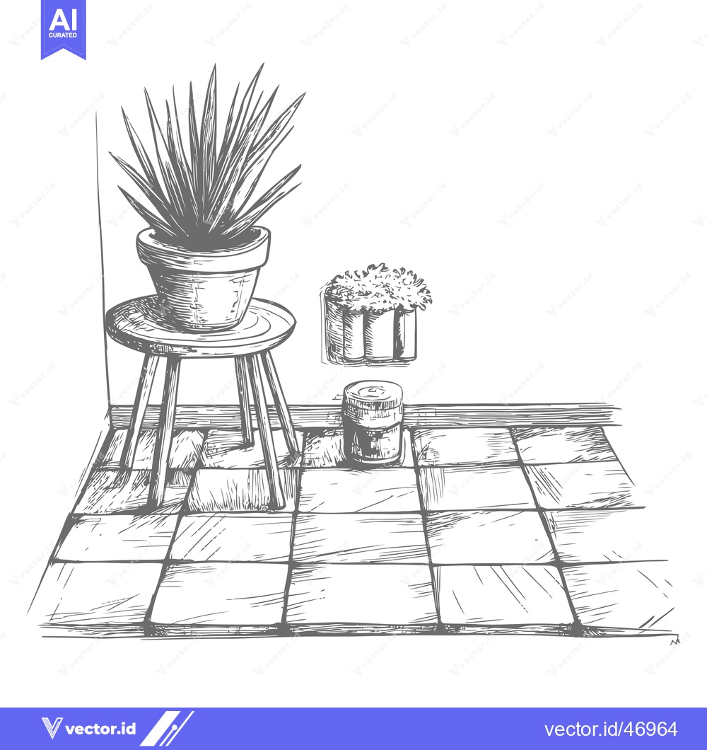 Premium Vector dari Hand-Drawn Sketch of a Potted Plant on a Stool with a Tile Floor
