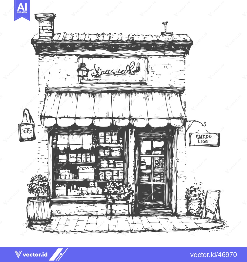 Premium Vector dari Hand-Drawn Sketch of a Quaint Brick Store with an Awning and Streetsid