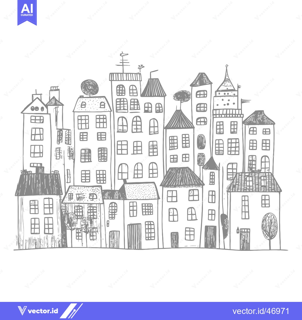 Premium Vector of Hand-drawn sketch of a quaint cityscape with various buildings and tre