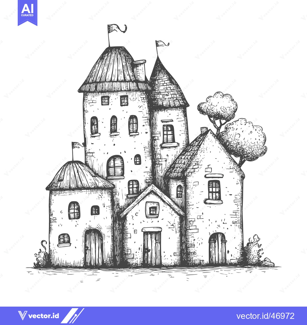 Premium Vector of Hand-Drawn Sketch of a Quaint Cluster of Stone Houses with Flags