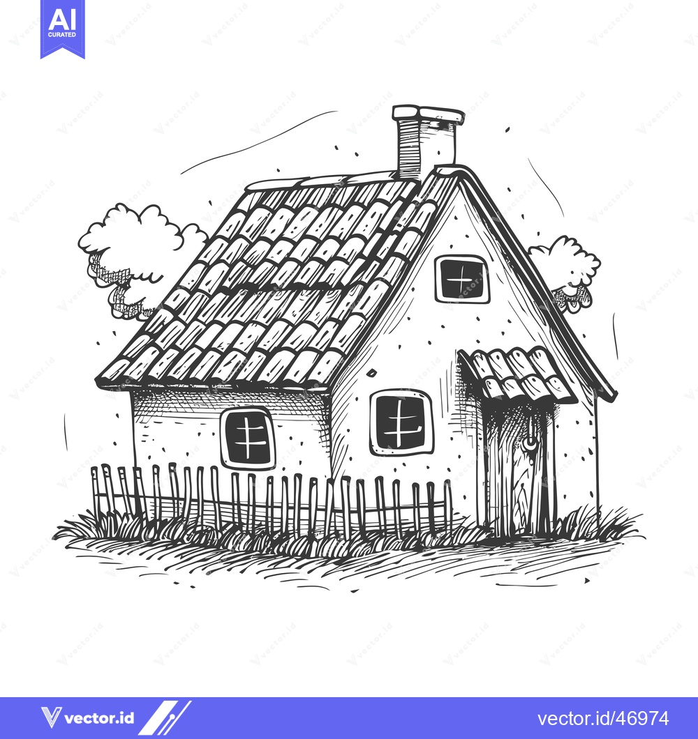 Premium Vector of Hand-drawn sketch of a quaint cottage with a tiled roof and a picket f