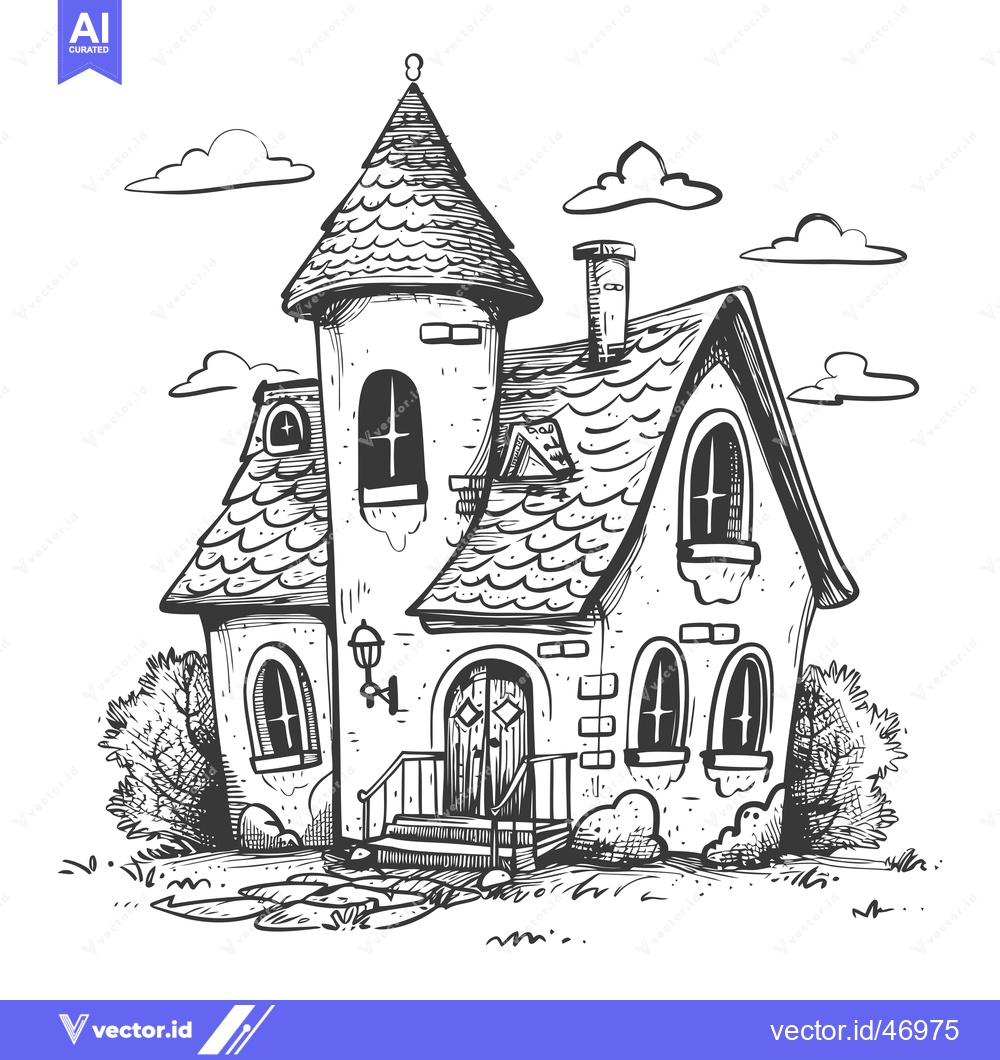 Premium Vector of Hand-drawn Sketch of a Quaint Cottage with a Tower and a Stone Chimney