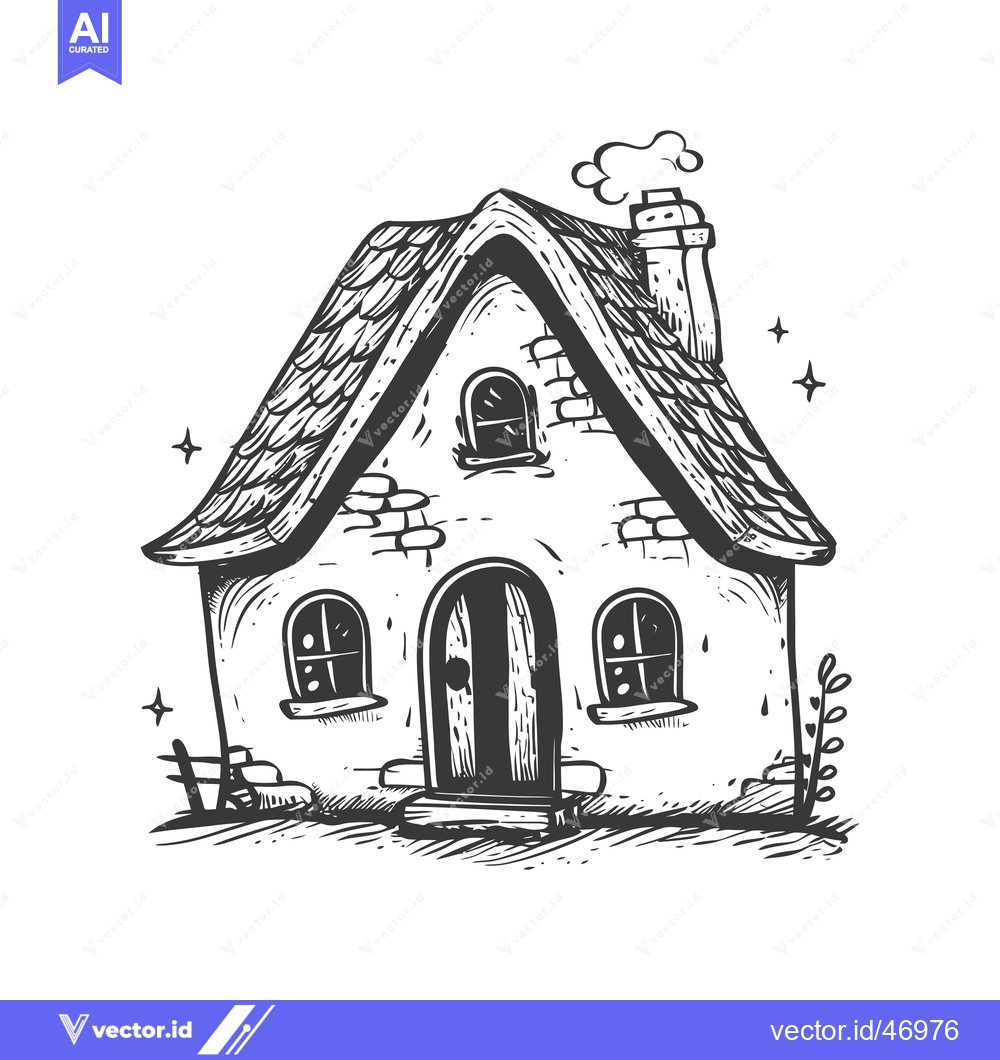 Premium Vector of Hand-drawn sketch of a quaint cottage with smoke rising from its chimn