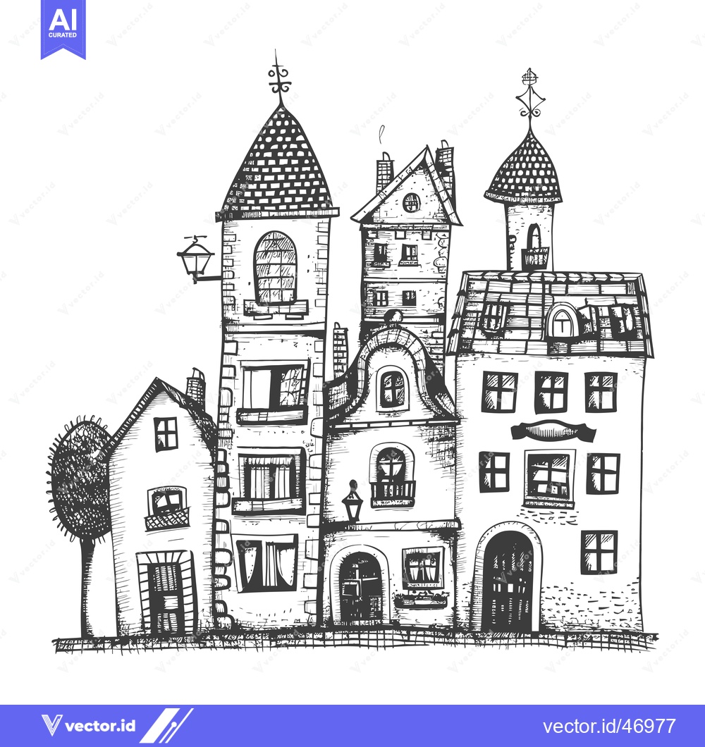 Premium Vector of Hand-Drawn Sketch of a Quaint European Street with Multiple Buildings