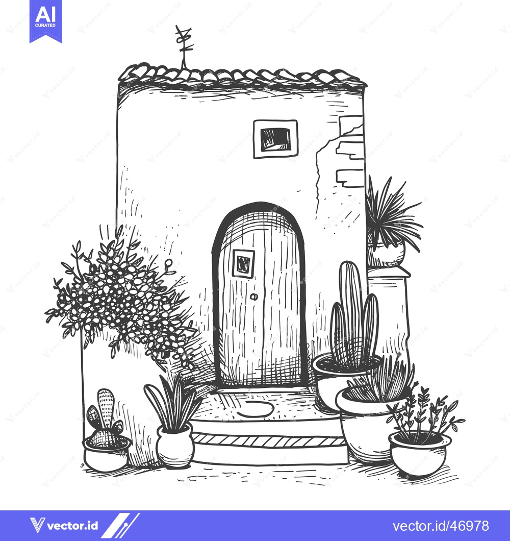 Premium Vector dari Hand-drawn sketch of a quaint house with plants and a wooden door