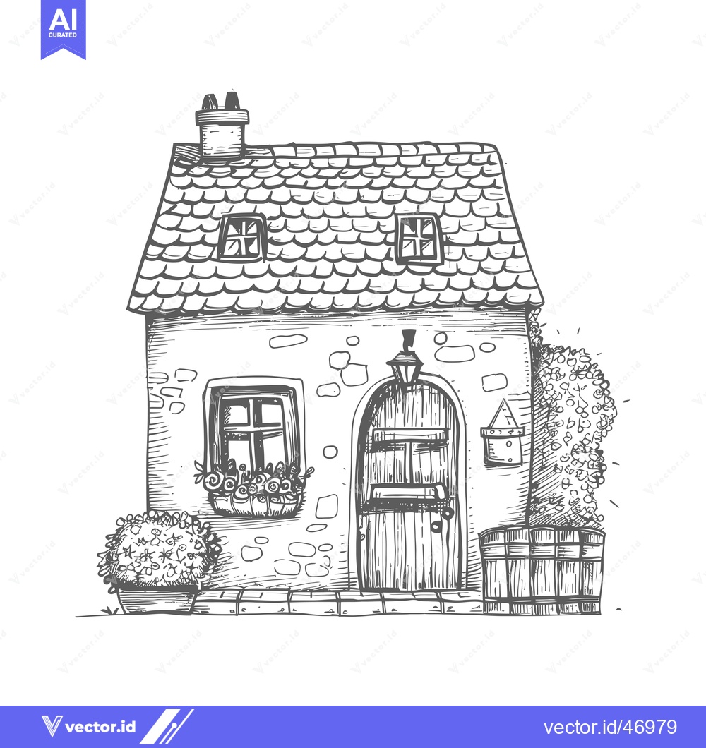 Premium Vector of Hand-Drawn Sketch of a Quaint Stone Cottage with a Gable Roof and a Wo