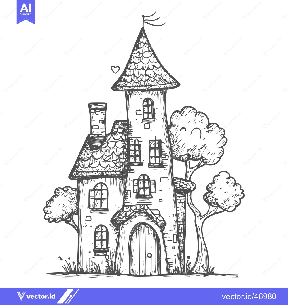 Premium Vector dari Hand-Drawn Sketch of a Quaint Storybook House with a Tower and Trees