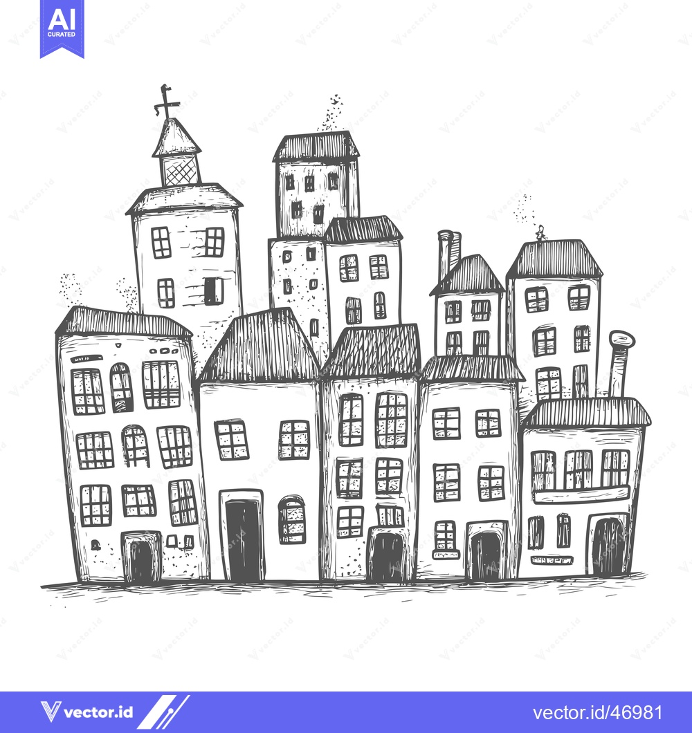 Premium Vector of Hand-drawn sketch of a quaint street with multiple buildings
