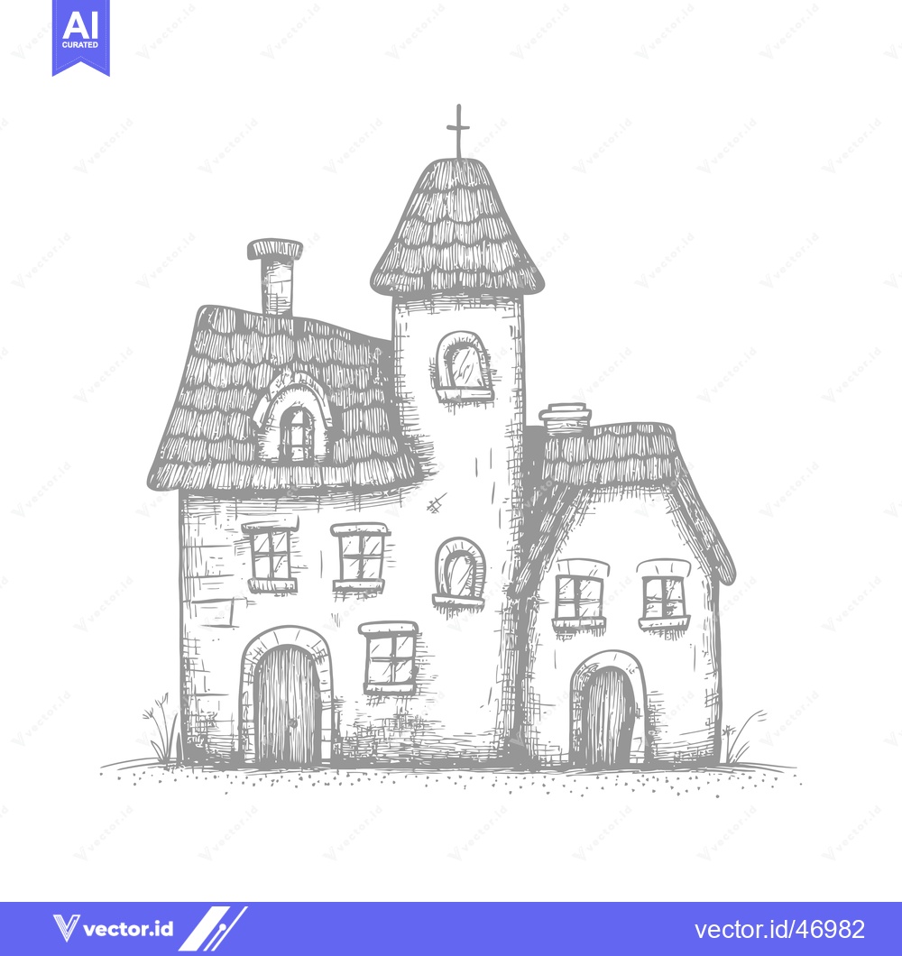 Premium Vector dari Hand-drawn Sketch of a Quaint Two-Story Stone House with a Cross on th