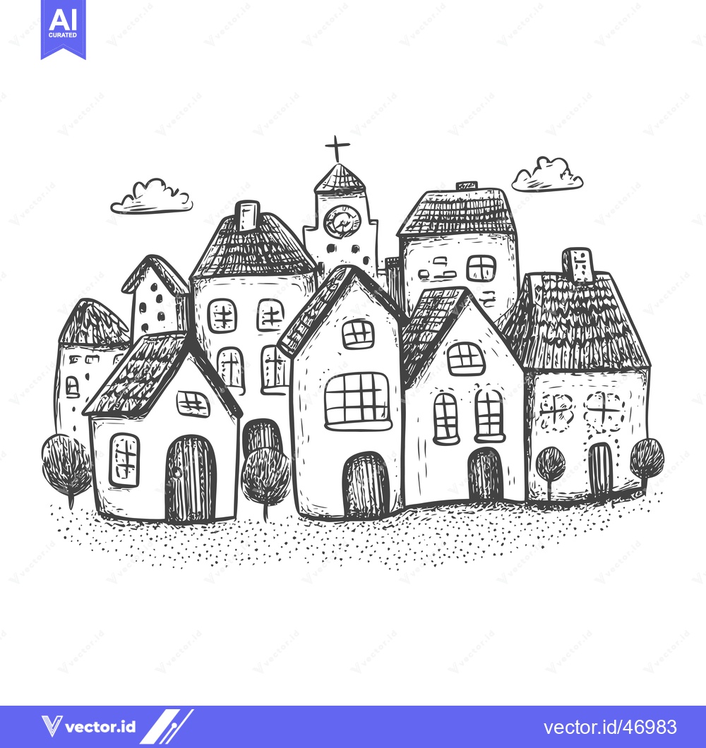 Premium Vector dari Hand-Drawn Sketch of a Quaint Village with a Church and Houses