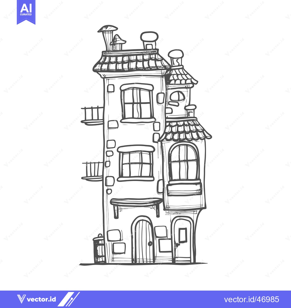Premium Vector of Hand-Drawn Sketch of a Quirky Three-Story House with Detailed Facade