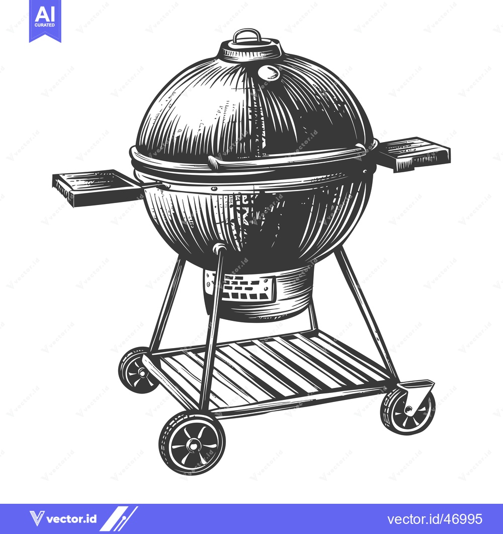 Premium Vector dari Hand-drawn sketch of a round, wheeled barbecue grill