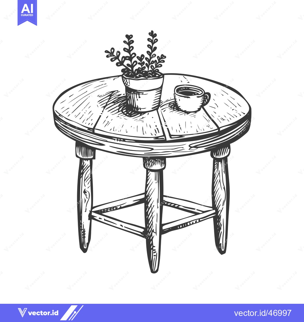 Premium Vector dari Hand-drawn sketch of a round wooden table with a potted plant and a cu