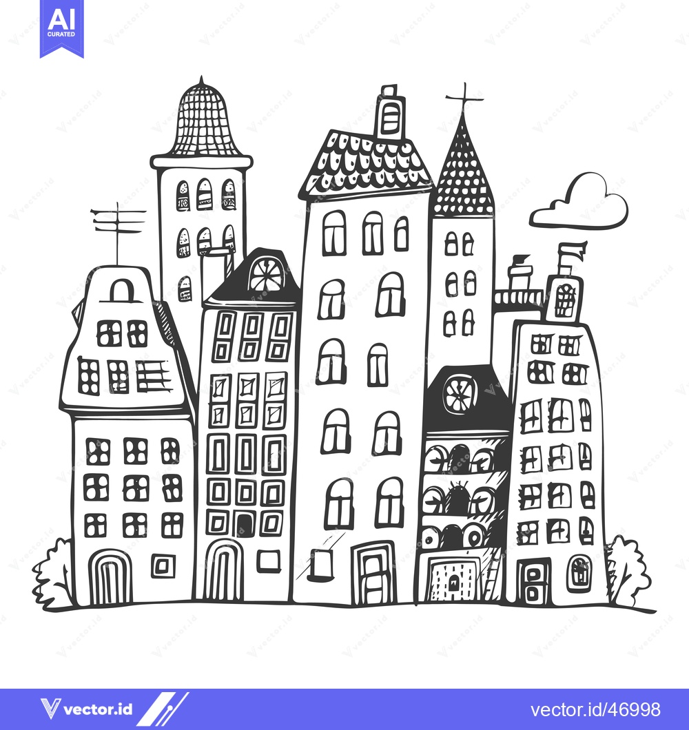 Premium Vector dari Hand-drawn Sketch of a Row of Six Unique Buildings