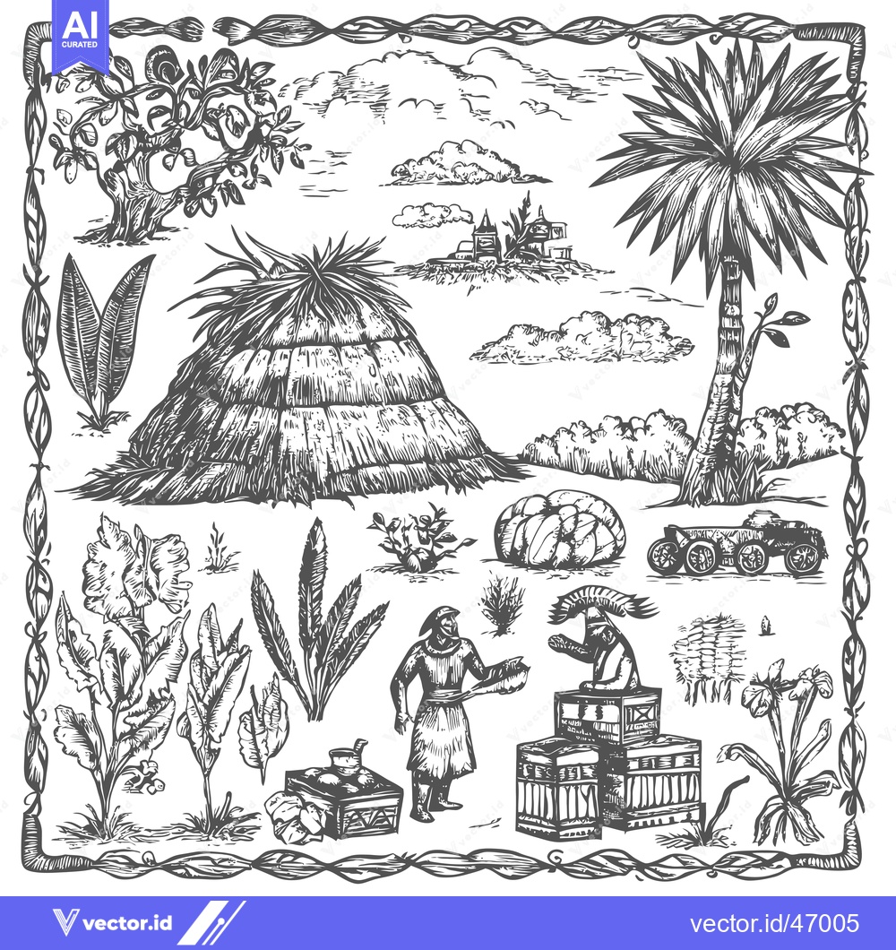 Premium Vector dari Hand-Drawn Sketch of a Rural Landscape with Figures, Plants, and a Hay