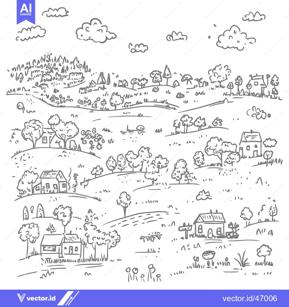 Premium Vector of Hand-drawn Sketch of a Rural Landscape with Houses and Trees