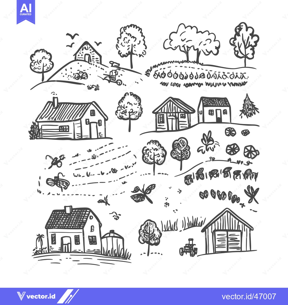 Premium Vector dari Hand-drawn sketch of a rural landscape with houses, trees, and farm eq