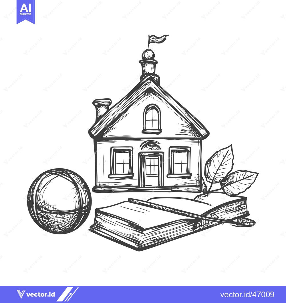 Premium Vector of Hand-Drawn Sketch of a Schoolhouse with a Book, a Ball, and Leaves