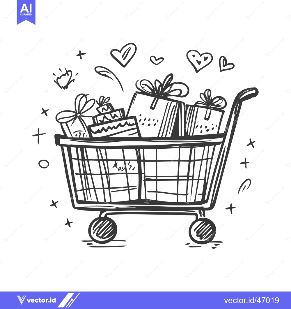 Premium Vector dari Hand-drawn sketch of a shopping cart full of gifts with hearts around