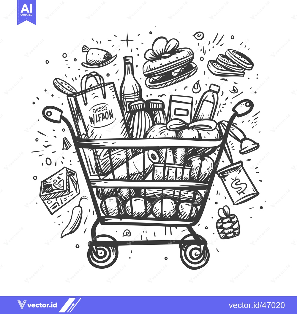 Premium Vector dari Hand-Drawn Sketch of a Shopping Cart Overflowing with Groceries