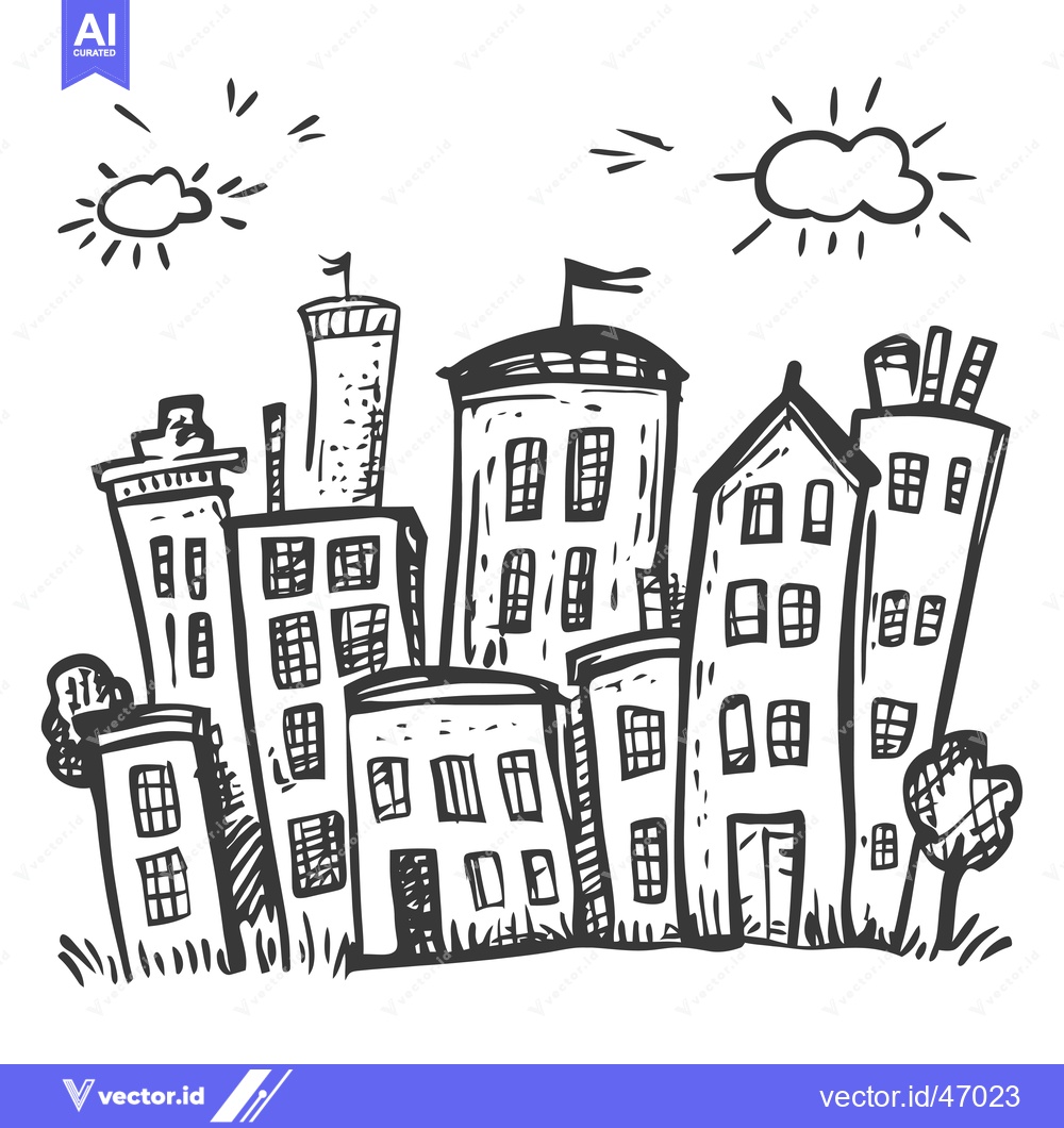 Premium Vector of Hand-drawn Sketch of a Simple Cityscape with Buildings and Trees