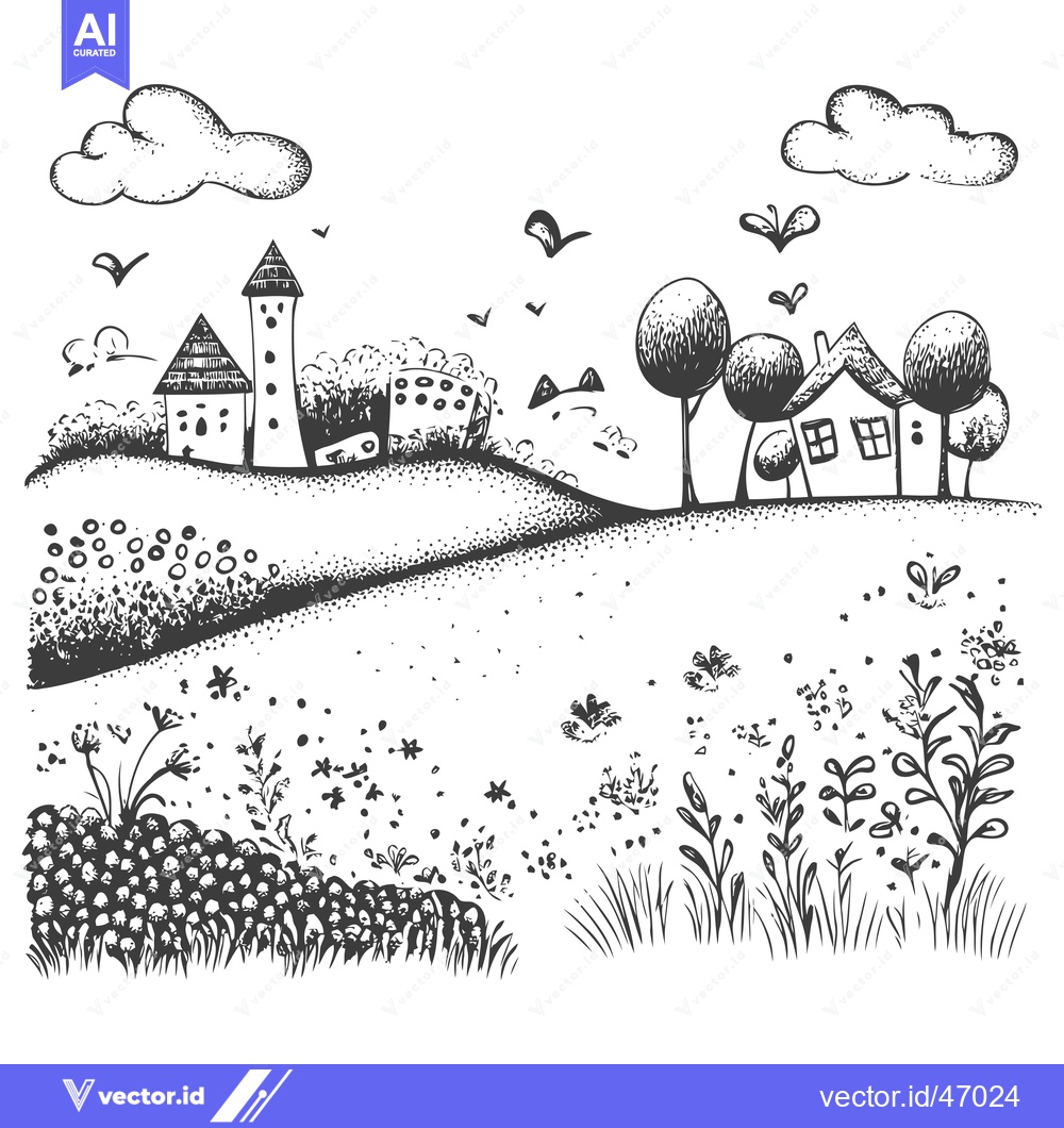 Premium Vector of Hand-Drawn Sketch of a Simple, Quaint Village Landscape