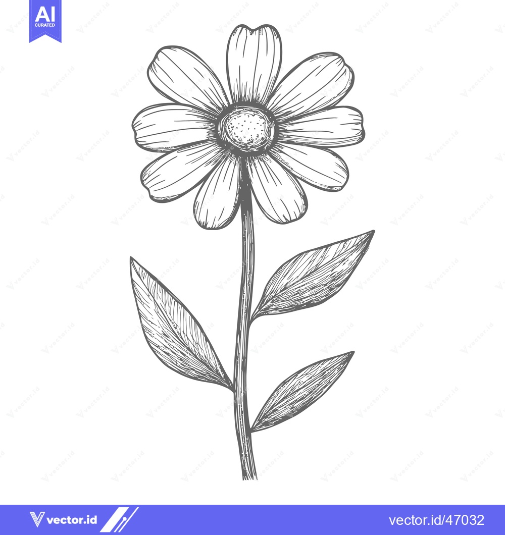 Premium Vector dari Hand-drawn Sketch of a Single Daisy with Stem and Leaves