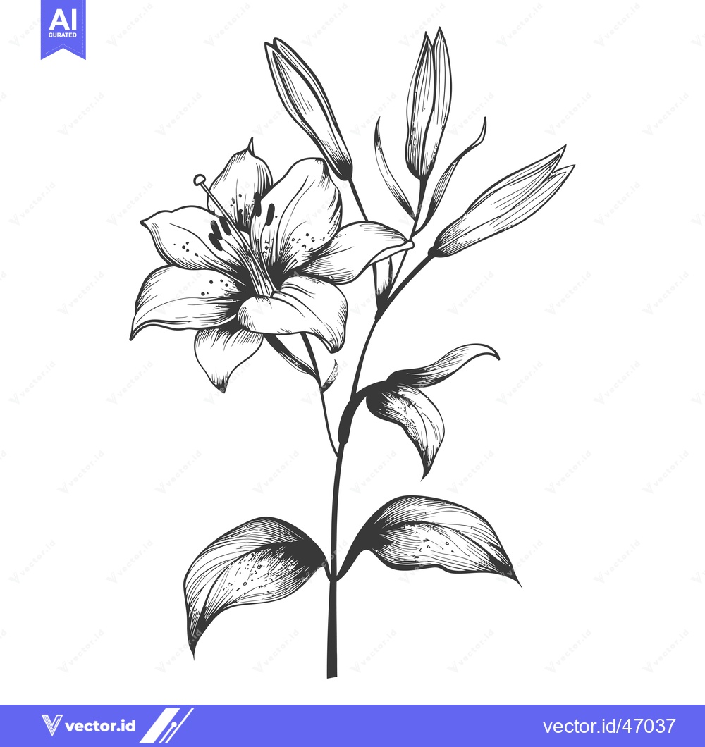 Premium Vector of Hand-Drawn Sketch of a Single Lily Flower with Buds and Leaves