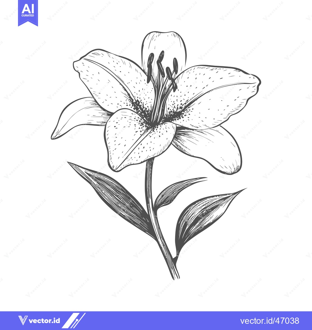 Premium Vector of Hand-Drawn Sketch of a Single Lily Flower with Stem and Leaves