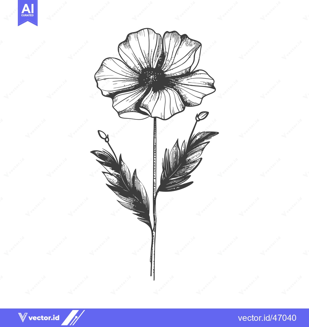 Premium Vector of Hand-Drawn Sketch of a Single Poppy Flower with Buds and Leaves
