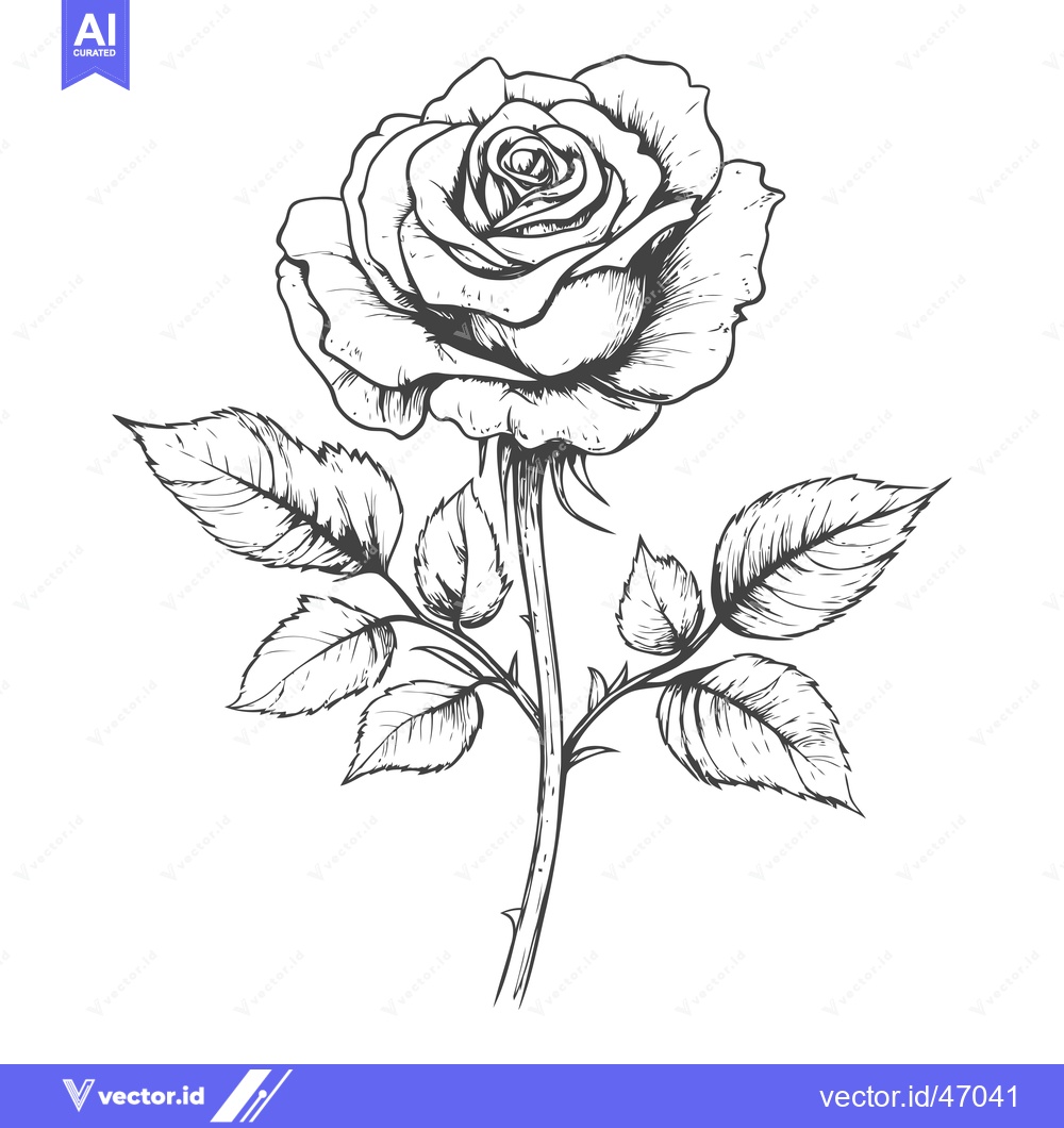 Premium Vector dari Hand-Drawn Sketch of a Single Rose with Stem and Leaves