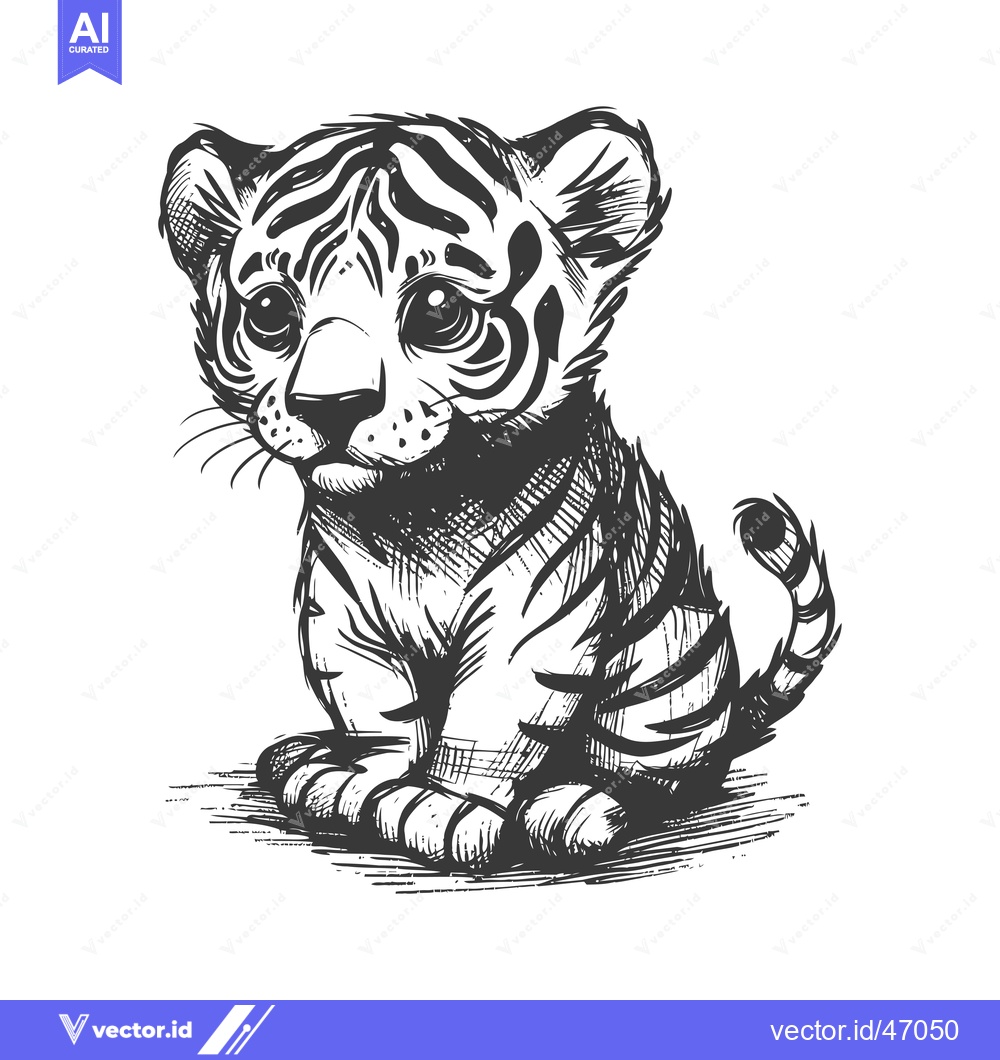 Premium Vector of Hand-Drawn Sketch of a Sitting Tiger Cub with Large Eyes