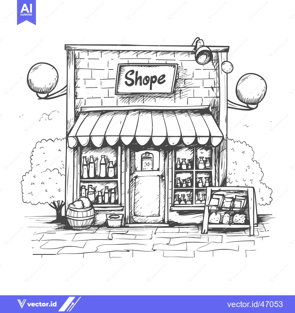 Premium Vector dari Hand-Drawn Sketch of a Small Brick Shop with Awnings and Streetlights