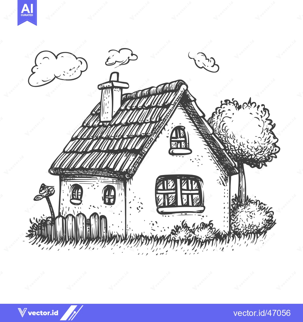 Premium Vector dari Hand-Drawn Sketch of a Small House with a Chimney and a Tree