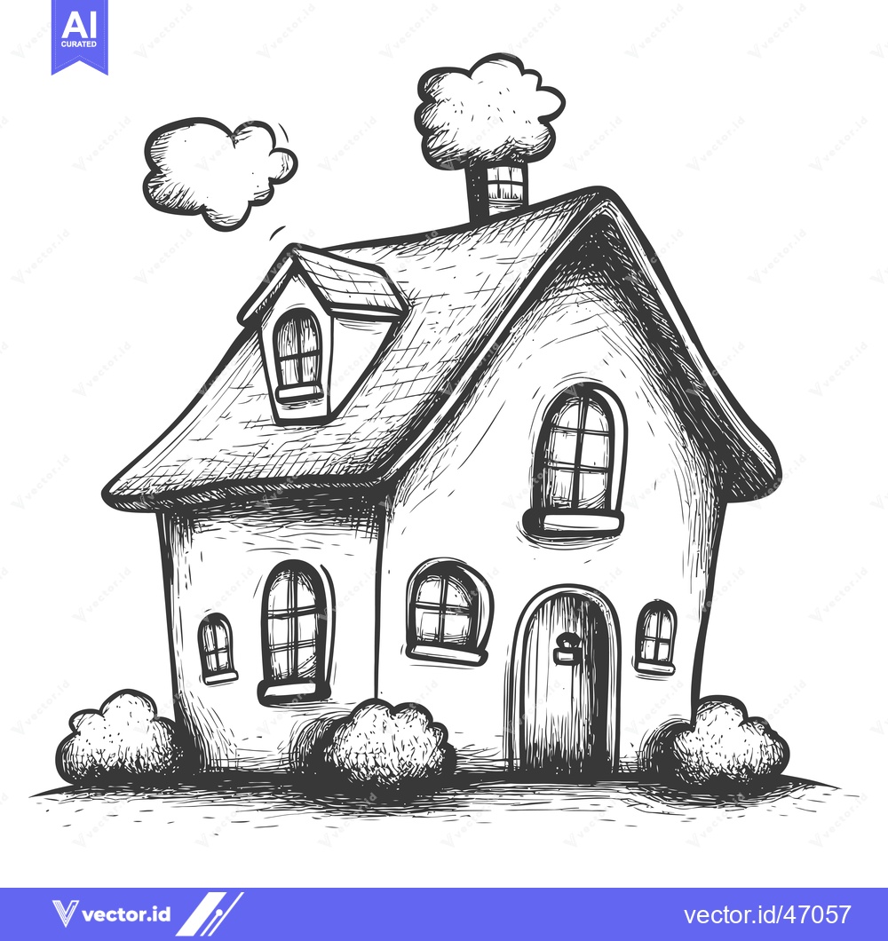 Premium Vector of Hand-drawn Sketch of a Small House with a Chimney and Clouds