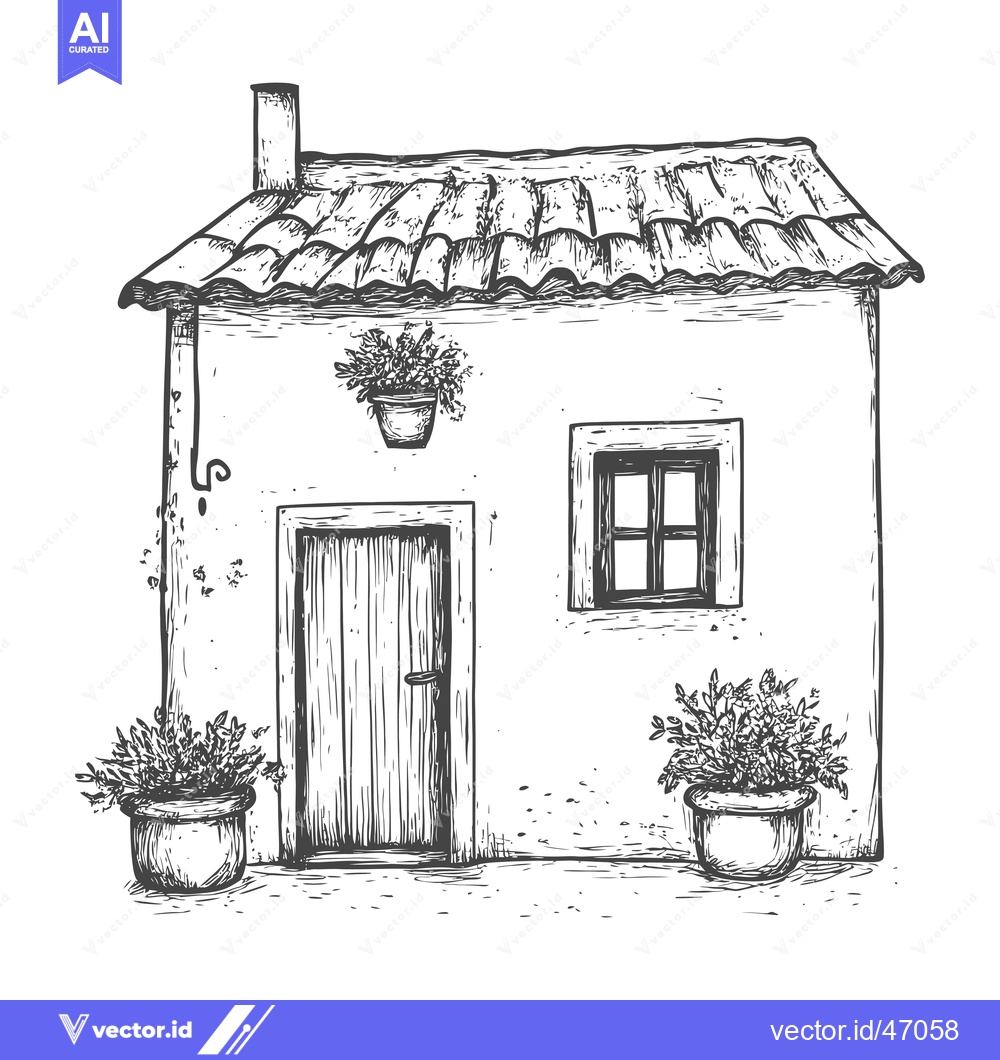 Premium Vector of Hand-drawn Sketch of a Small House with a Door, Window, and Potted Pla