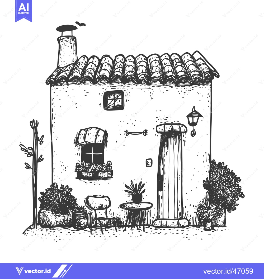 Premium Vector of Hand-Drawn Sketch of a Small House with a Patio and Plants