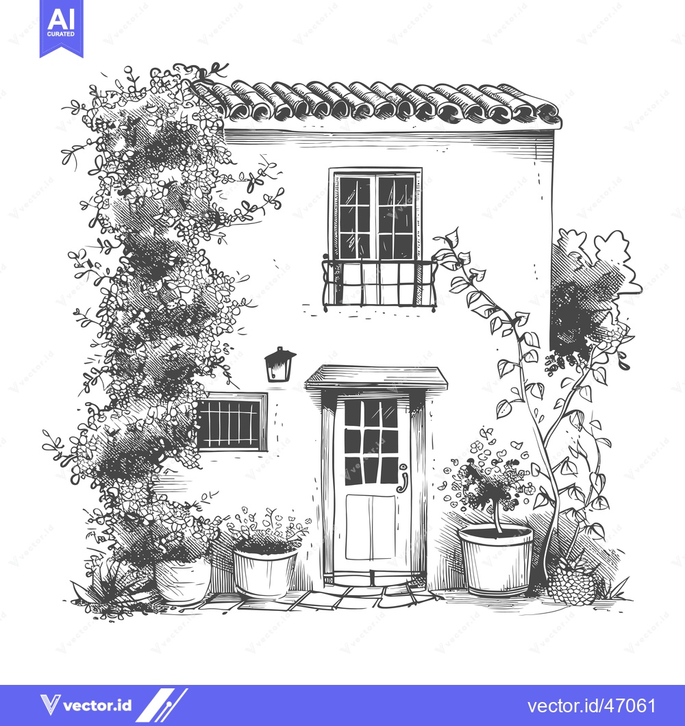 Premium Vector of Hand-drawn Sketch of a Small House with Plants and Flowers