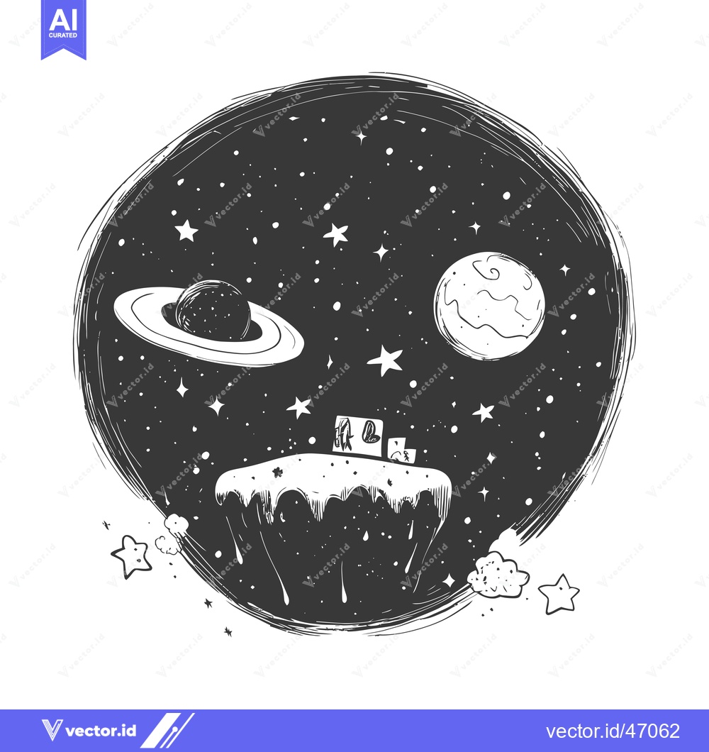 Premium Vector dari Hand-drawn Sketch of a Small Planet with a Single House and Planets in