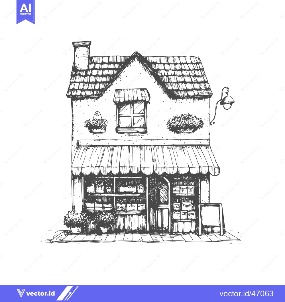 Premium Vector dari Hand-drawn Sketch of a Small Shop Building with an Awning