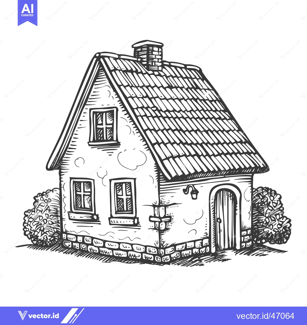Premium Vector dari Hand-drawn Sketch of a Small Stone Cottage with a Tiled Roof