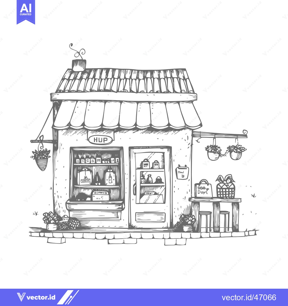 Premium Vector dari Hand-drawn sketch of a small storefront with a sign that says "Hup"