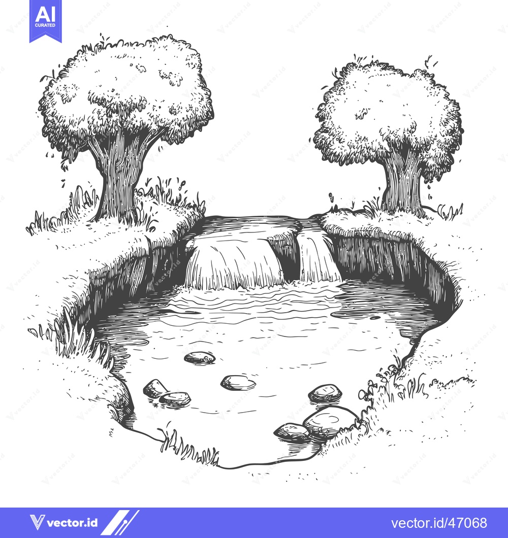 Premium Vector dari Hand-Drawn Sketch of a Small Waterfall and Pond Surrounded by Trees an
