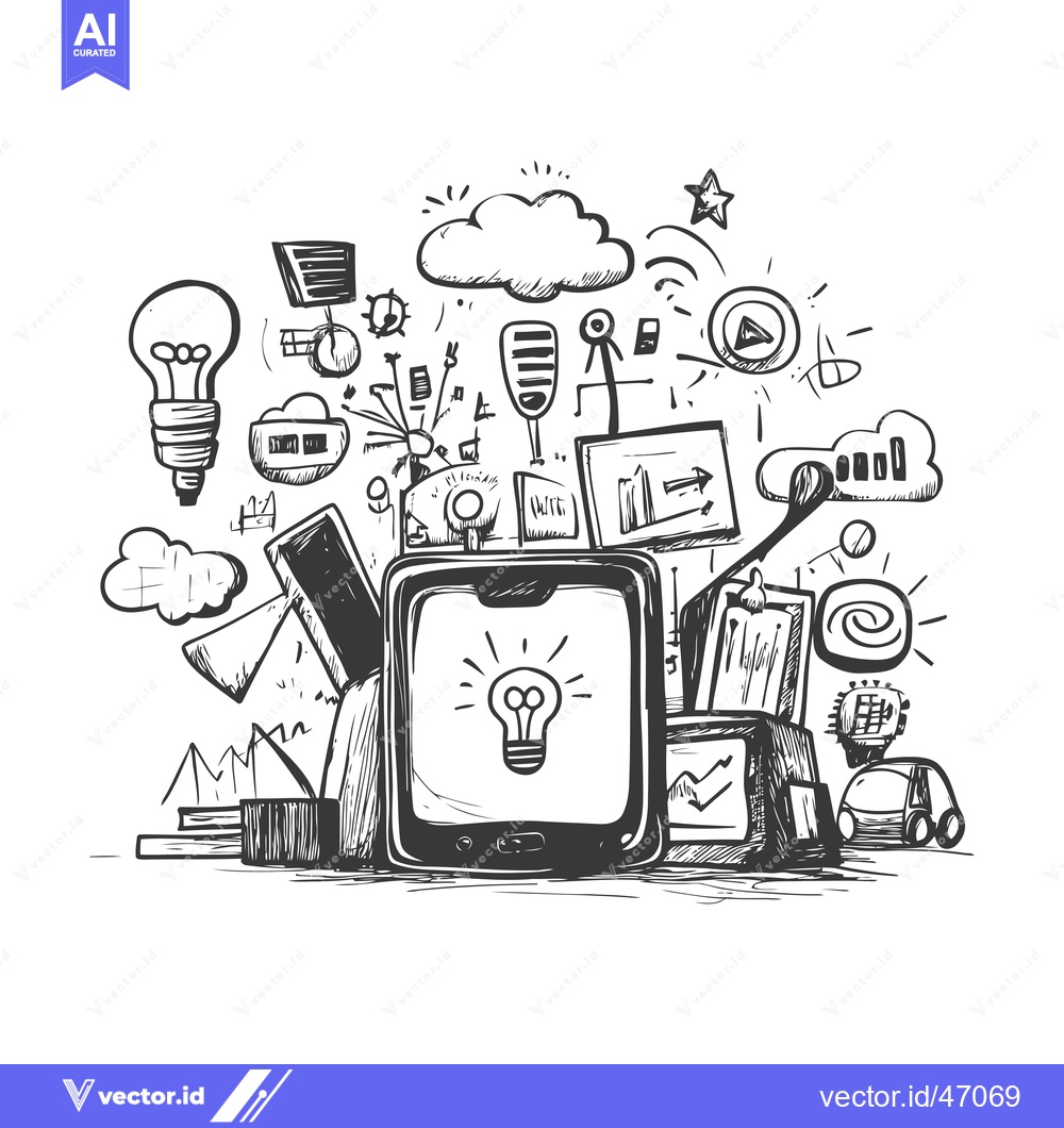 Premium Vector of Hand-Drawn Sketch of a Smartphone with a Light Bulb Icon Surrounded by