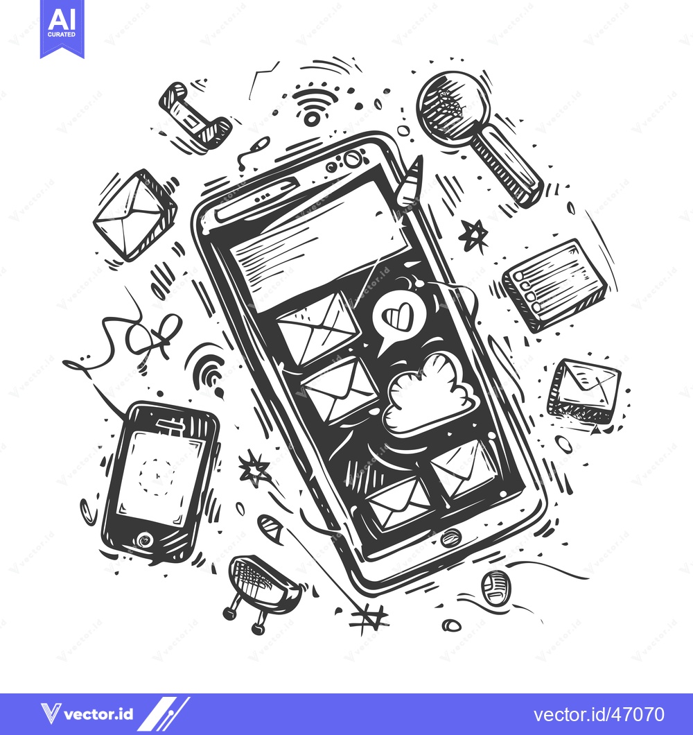 Premium Vector of Hand-Drawn Sketch of a Smartphone with Surrounding Digital Elements
