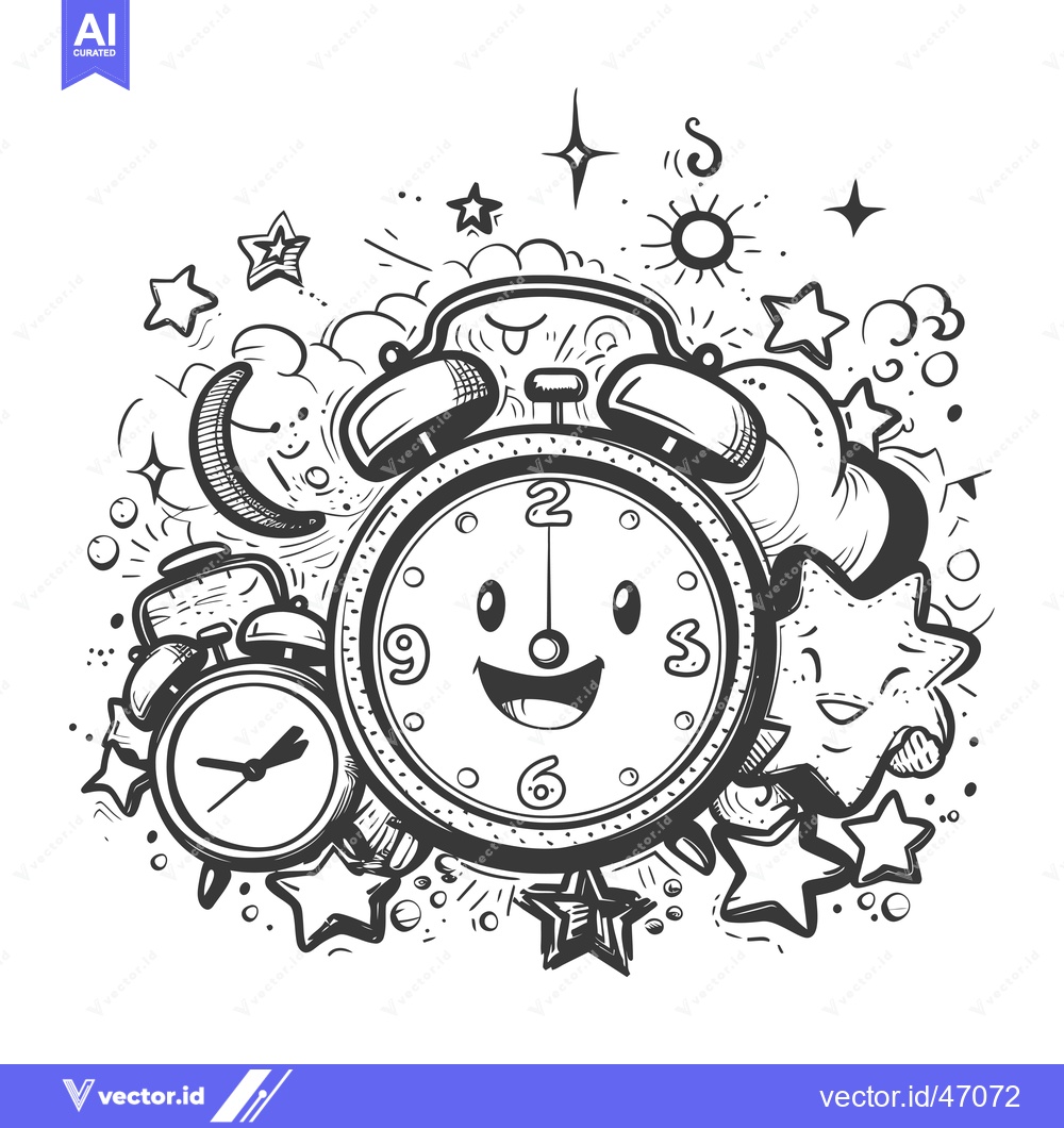 Premium Vector dari Hand-Drawn Sketch of a Smiling Alarm Clock with Stars and Other Elemen