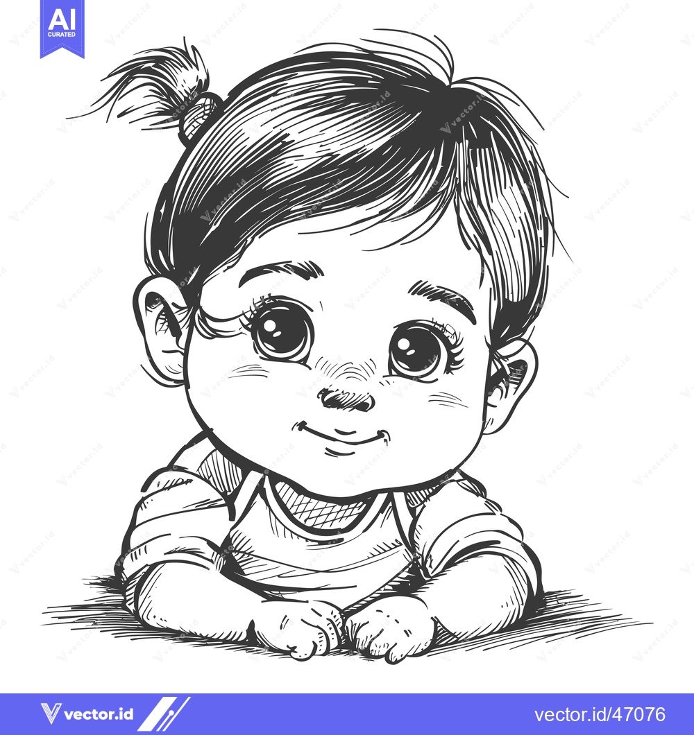 Premium Vector dari Hand-drawn sketch of a smiling baby girl with a ponytail